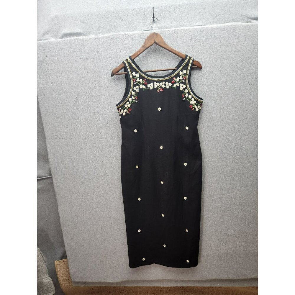 Vtg Black Sleeveless Ultra Dress W/Floral & Strawberry Embroidery Button Accents